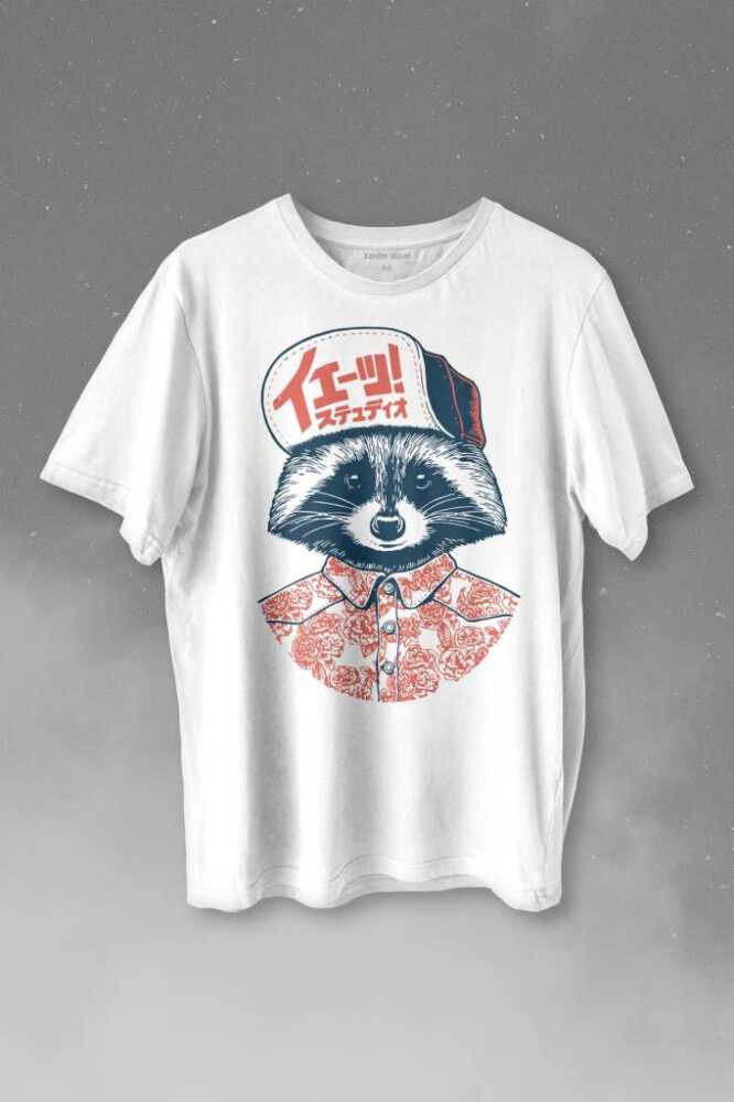 Raccoon Gömlekli Rakun Silueti Baskılı Beyaz Tişört Unisex