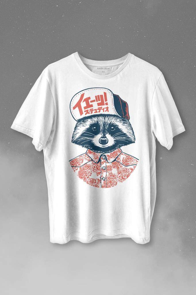 Raccoon Gömlekli Rakun Silueti Baskılı Beyaz Tişört Unisex