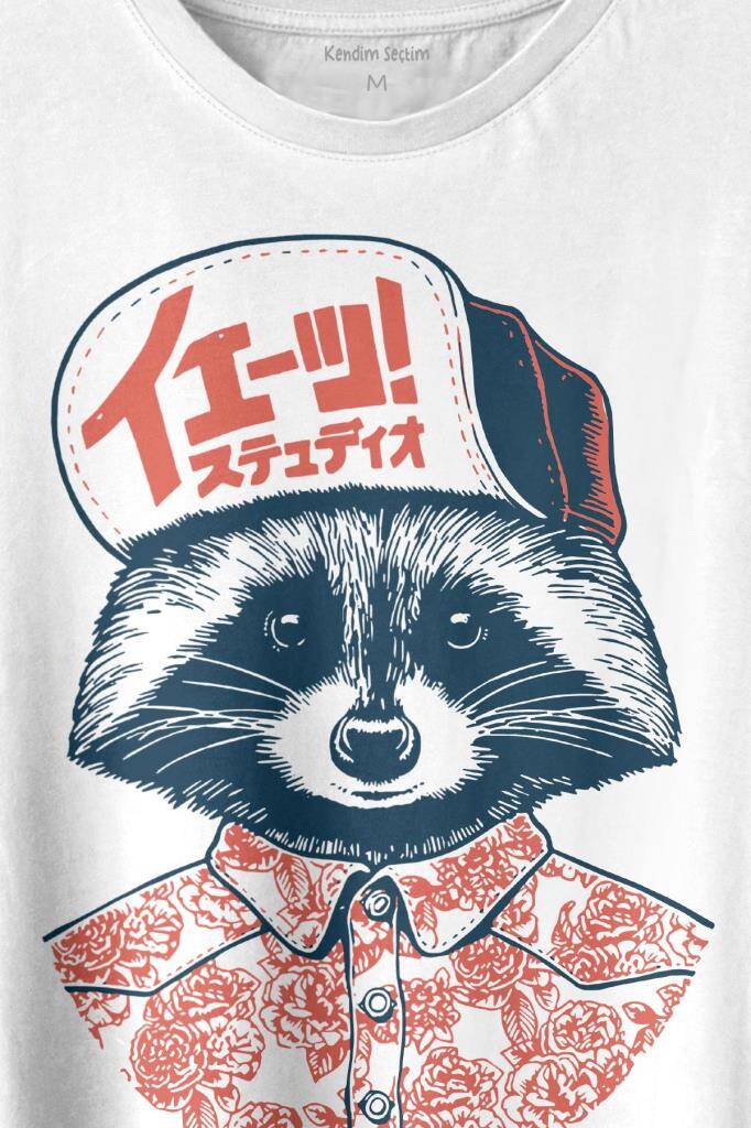 Raccoon Gömlekli Rakun Silueti Baskılı Beyaz Tişört Unisex (1)