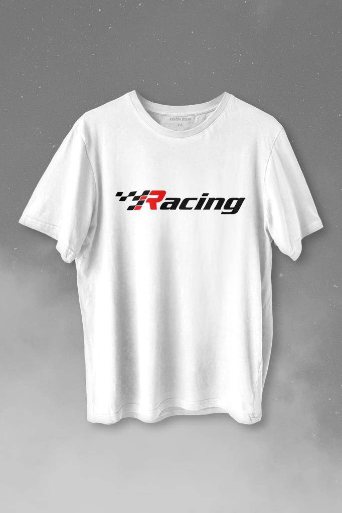 Racing Formula 1 Araba Yarışı Motor Drag Baskılı Beyaz Tişört Unisex