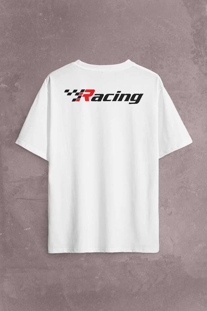 Racing Formula 1 Araba Yarışı Motor Drag Sırt Ön Baskılı Beyaz Oversize Tişört Unisex