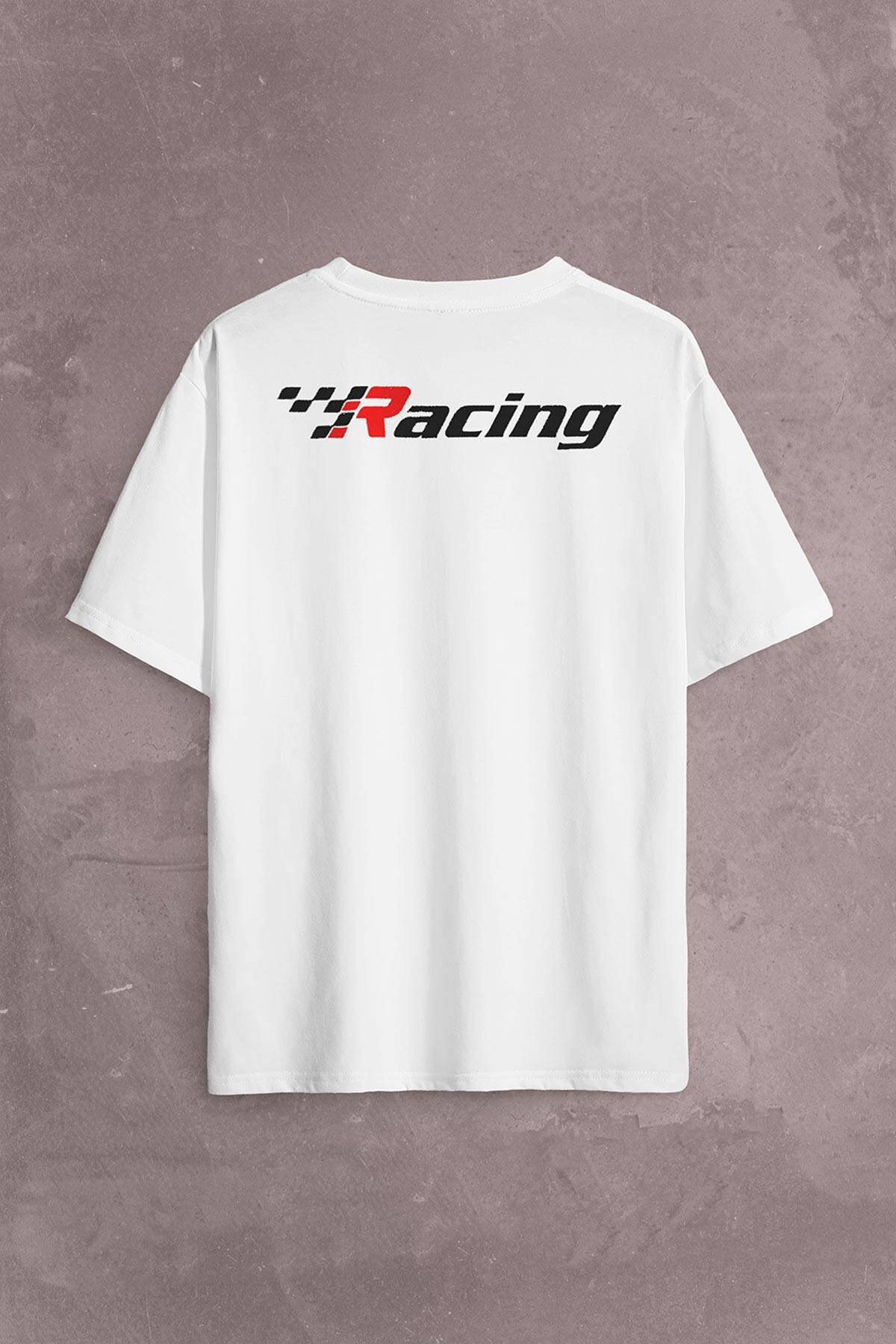 Racing Formula 1 Araba Yarışı Motor Drag Sırt Ön Baskılı Beyaz Oversize Tişört Unisex
