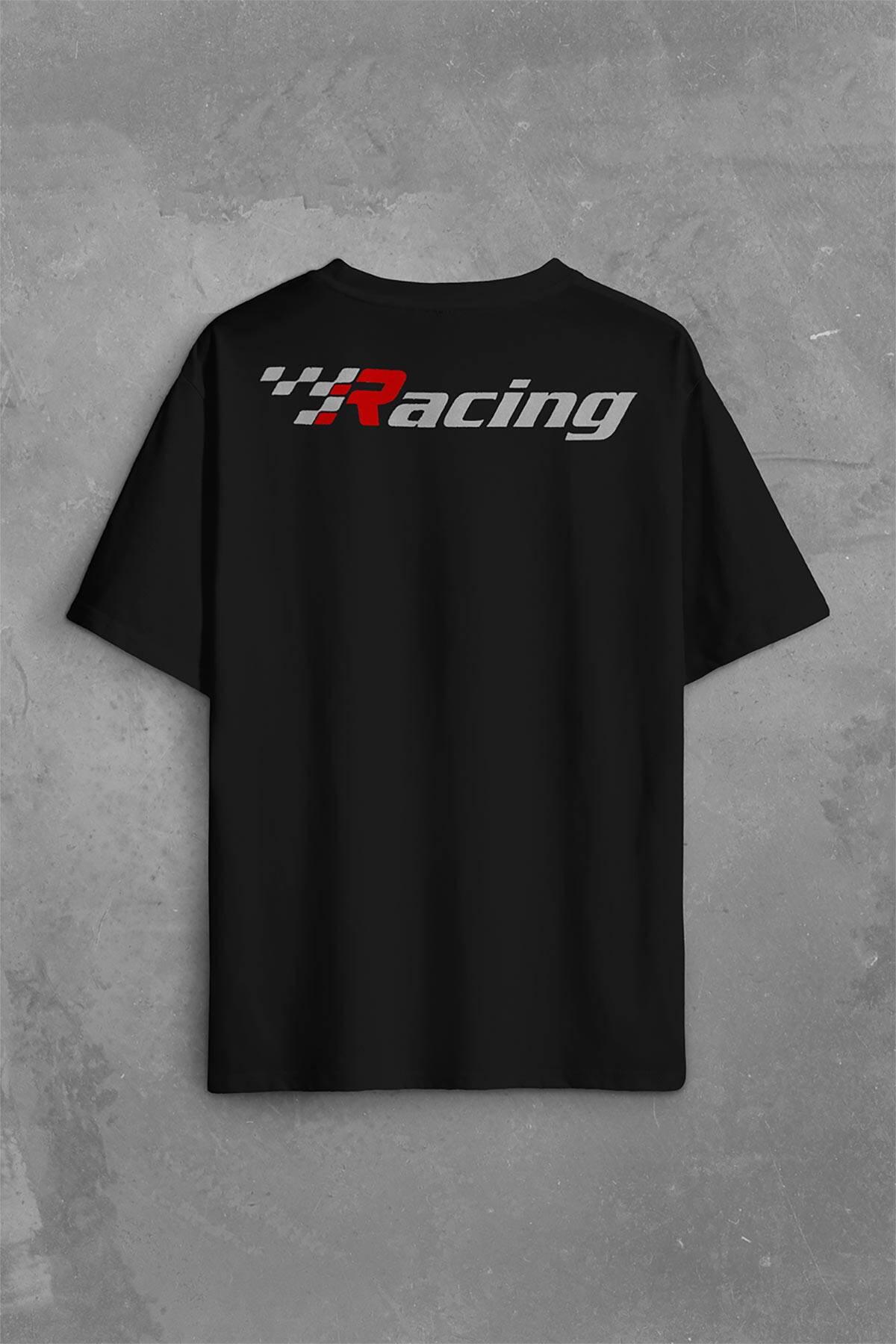 Racing Formula 1 Araba Yarışı Motor Drag Sırt Ön Baskılı Siyah Oversize Tişört Unisex
