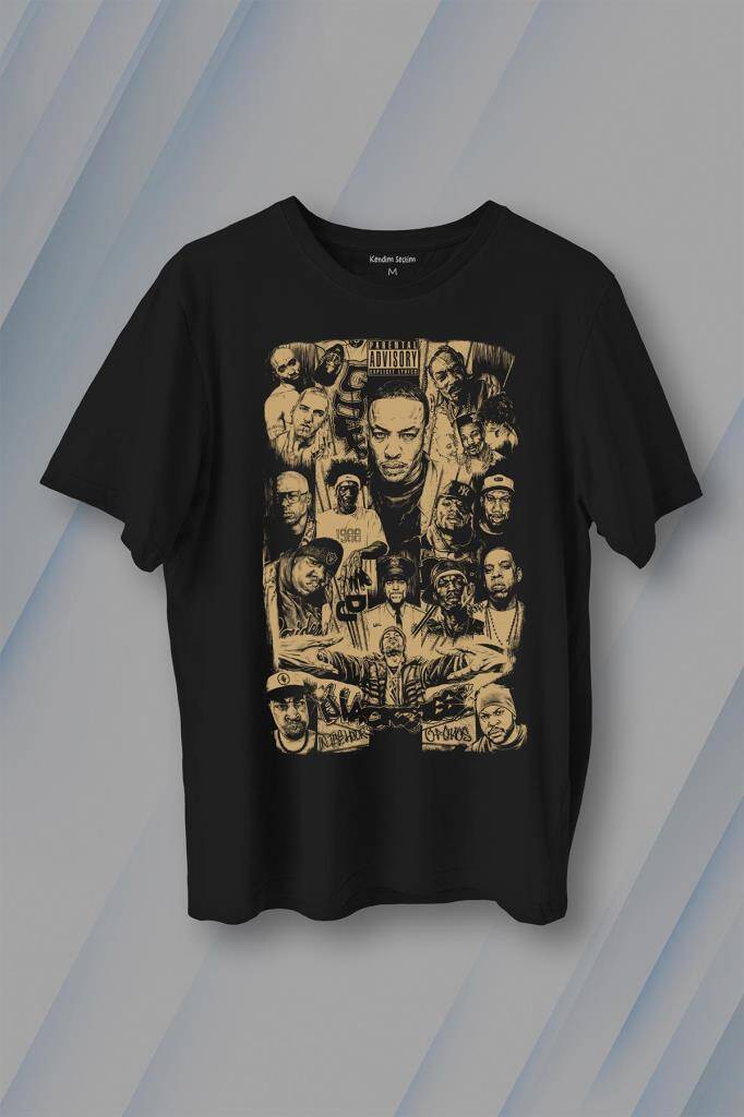 Rap Masters Hip Hop Ustalar Dre 2Pac Eminem Biggie Snoop Dogg Baskılı Siyah Tişört Unisex