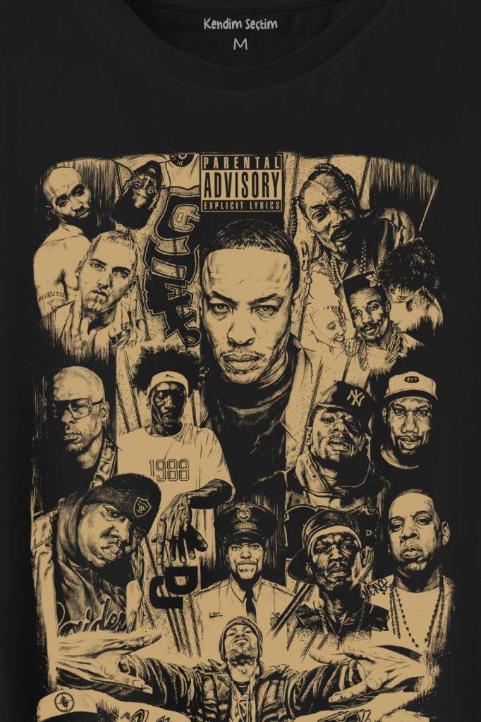 Rap Masters Hip Hop Ustalar Dre 2Pac Eminem Biggie Snoop Dogg Baskılı Siyah Tişört Unisex (1)