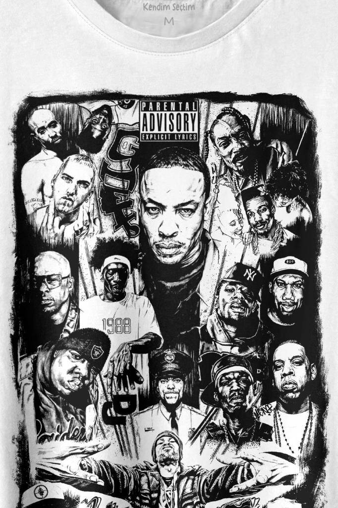 Rap Masters Hip Hop Ustalar Dre 2Pac Eminem Biggie Snoop Dogg Baskılı Beyaz Tişört Unisex (1)