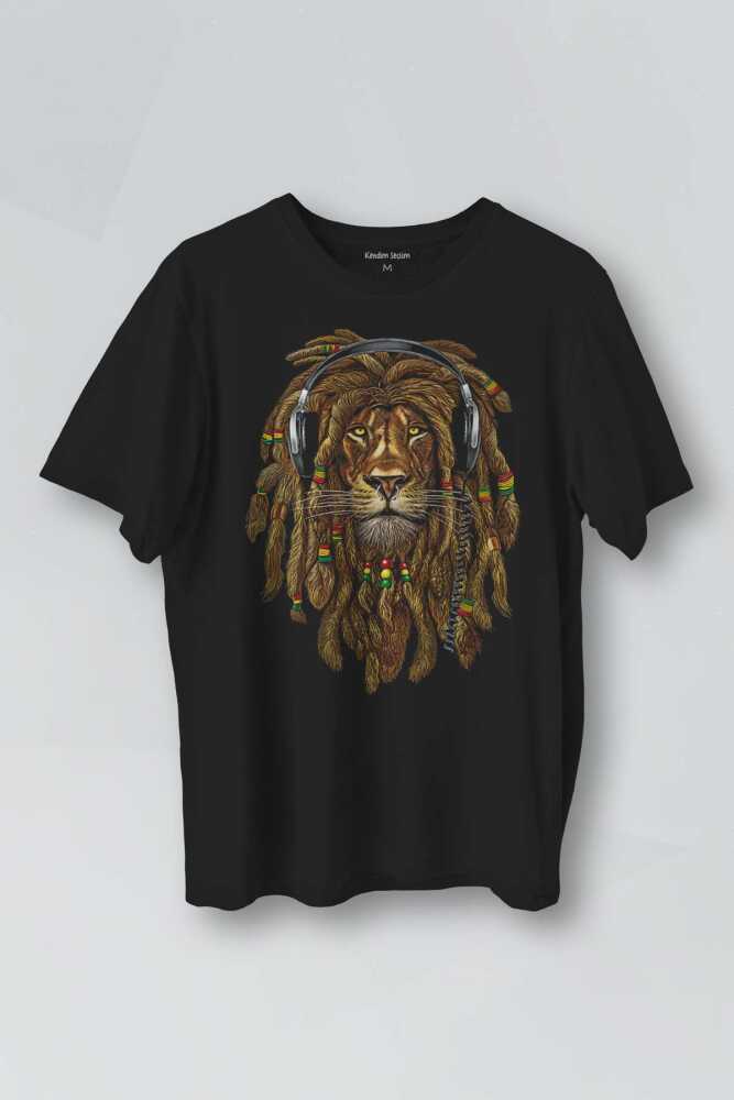 Rasta Lion Reggae Music Aslan Kulaklık Baskılı Unisex Siyah Tişört