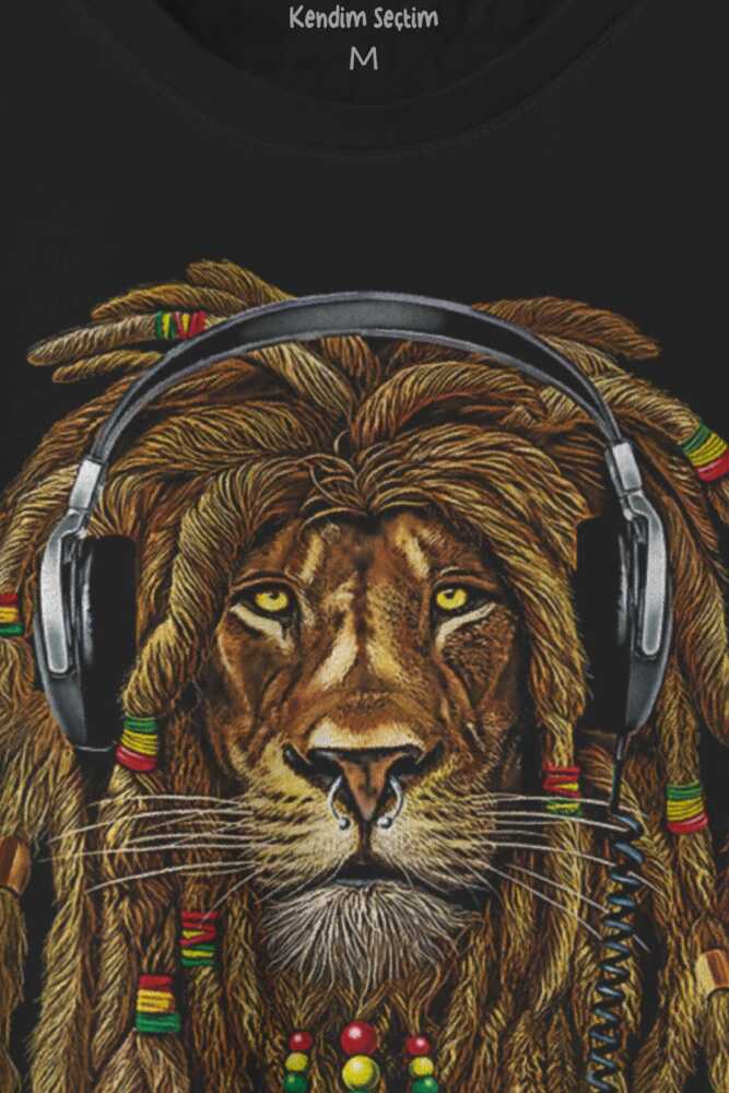 Rasta Lion Reggae Music Aslan Kulaklık Baskılı Unisex Siyah Tişört (1)