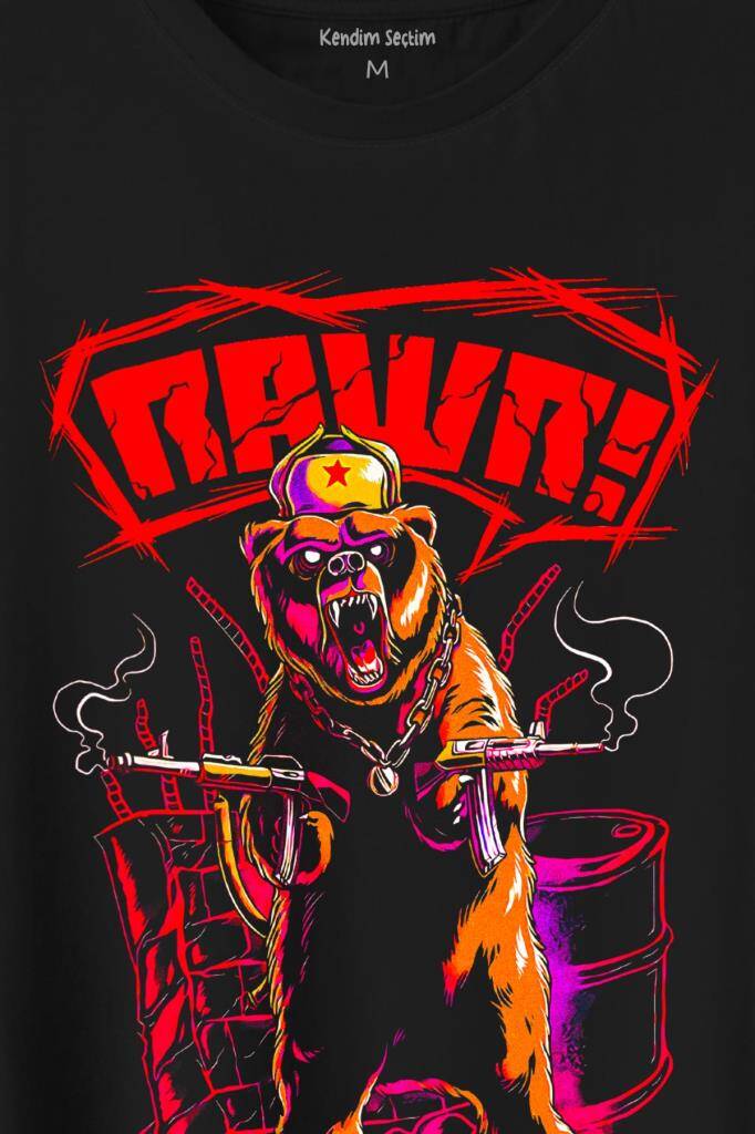 Rawr Bear Neo Kızıl Ayı Sosyalist Animal Baskılı Tişört Unisex (1)