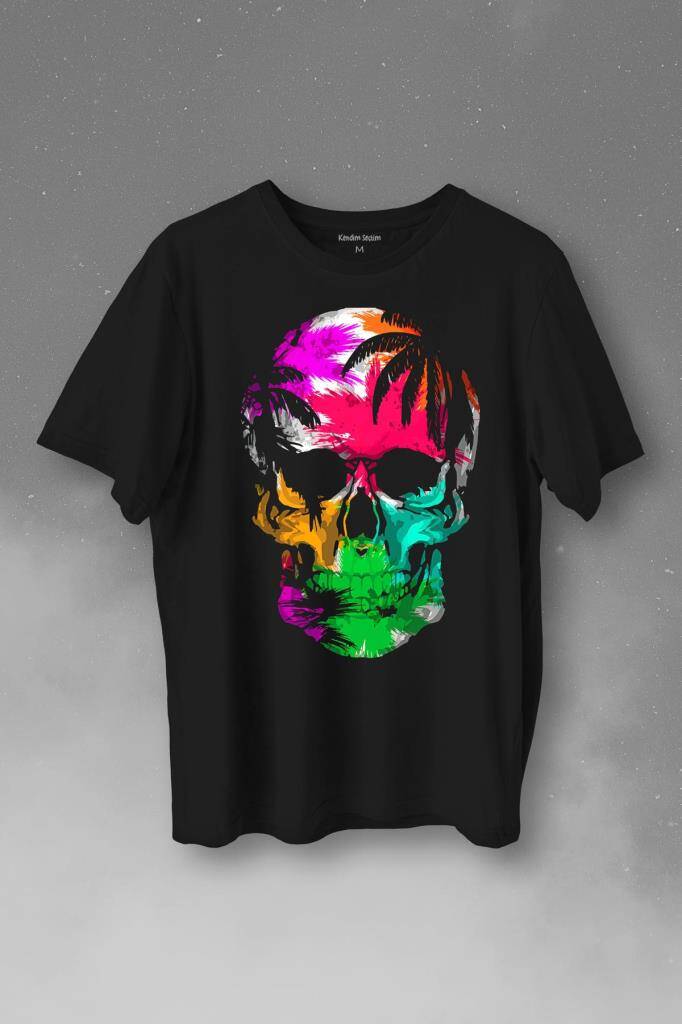 Rengarenk Kafatası Skull Head Gökkuşağı Renkleri Baskılı Siyah Tişört Unisex