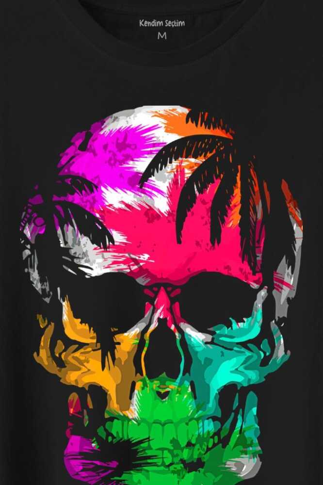 Rengarenk Kafatası Skull Head Gökkuşağı Renkleri Baskılı Siyah Tişört Unisex (1)