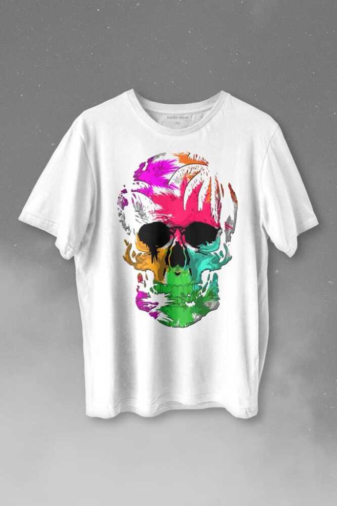 Rengarenk Kafatası Skull Head Gökkuşağı Renkleri Baskılı Beyaz Tişört Unisex