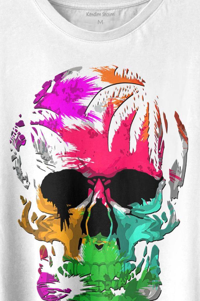 Rengarenk Kafatası Skull Head Gökkuşağı Renkleri Baskılı Beyaz Tişört Unisex (1)