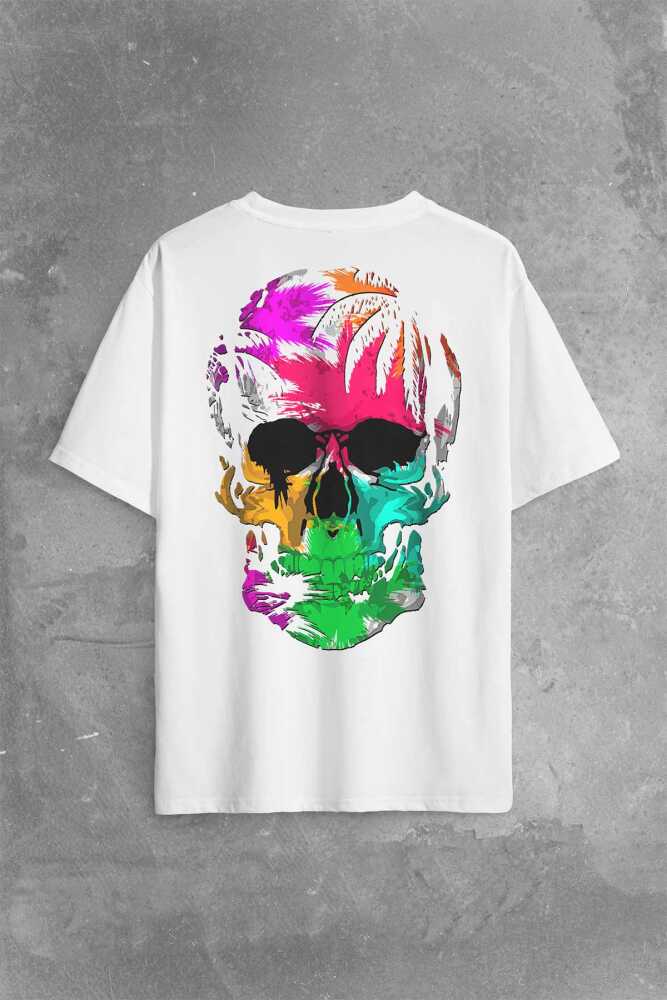 Rengarenk Kafatası Skull Head Gökkuşağı Renkleri Sırt Ön Baskılı Beyaz Oversize Tişört Unisex