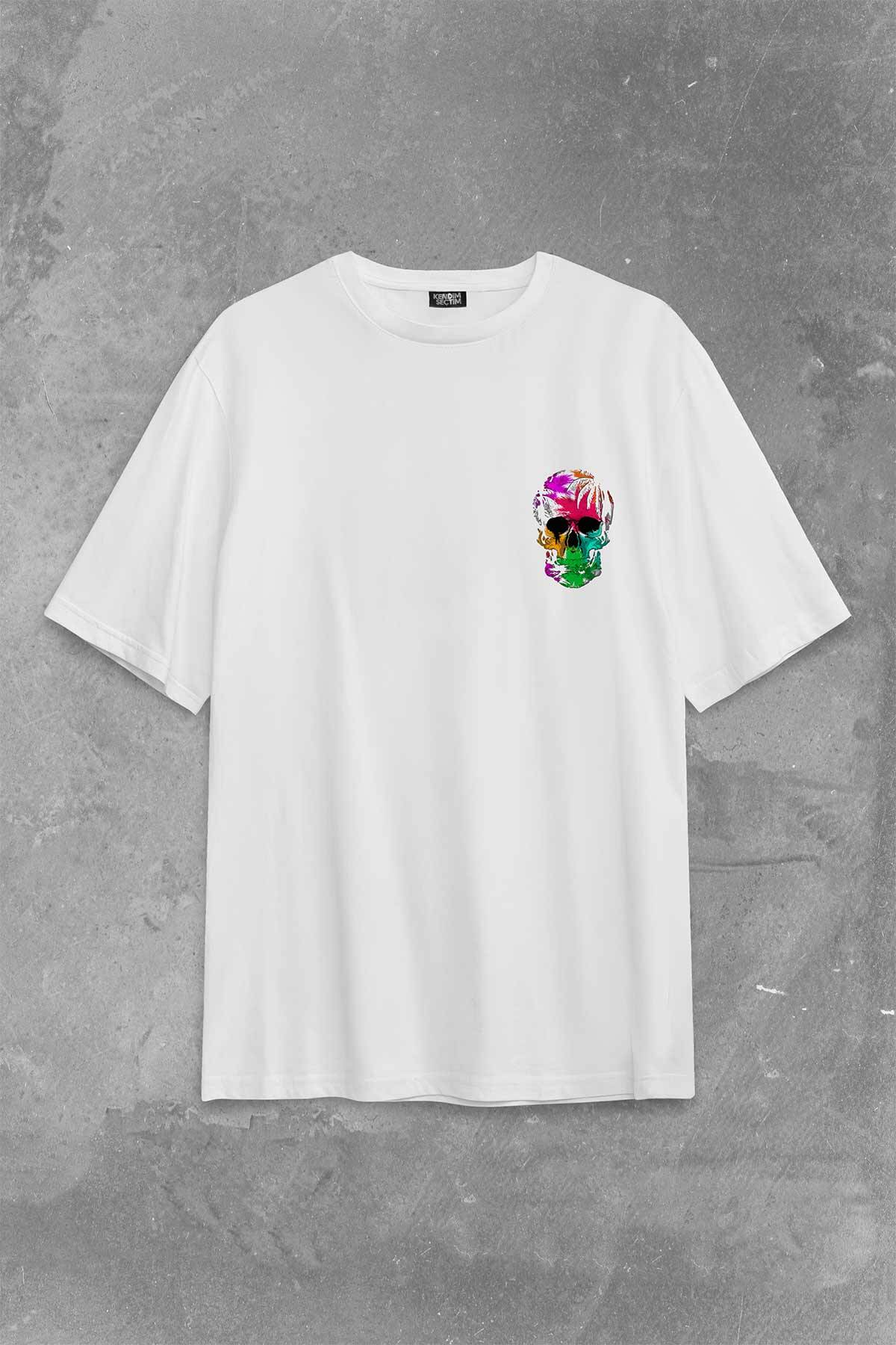 Rengarenk Kafatası Skull Head Gökkuşağı Renkleri Sırt Ön Baskılı Beyaz Oversize Tişört Unisex (1)