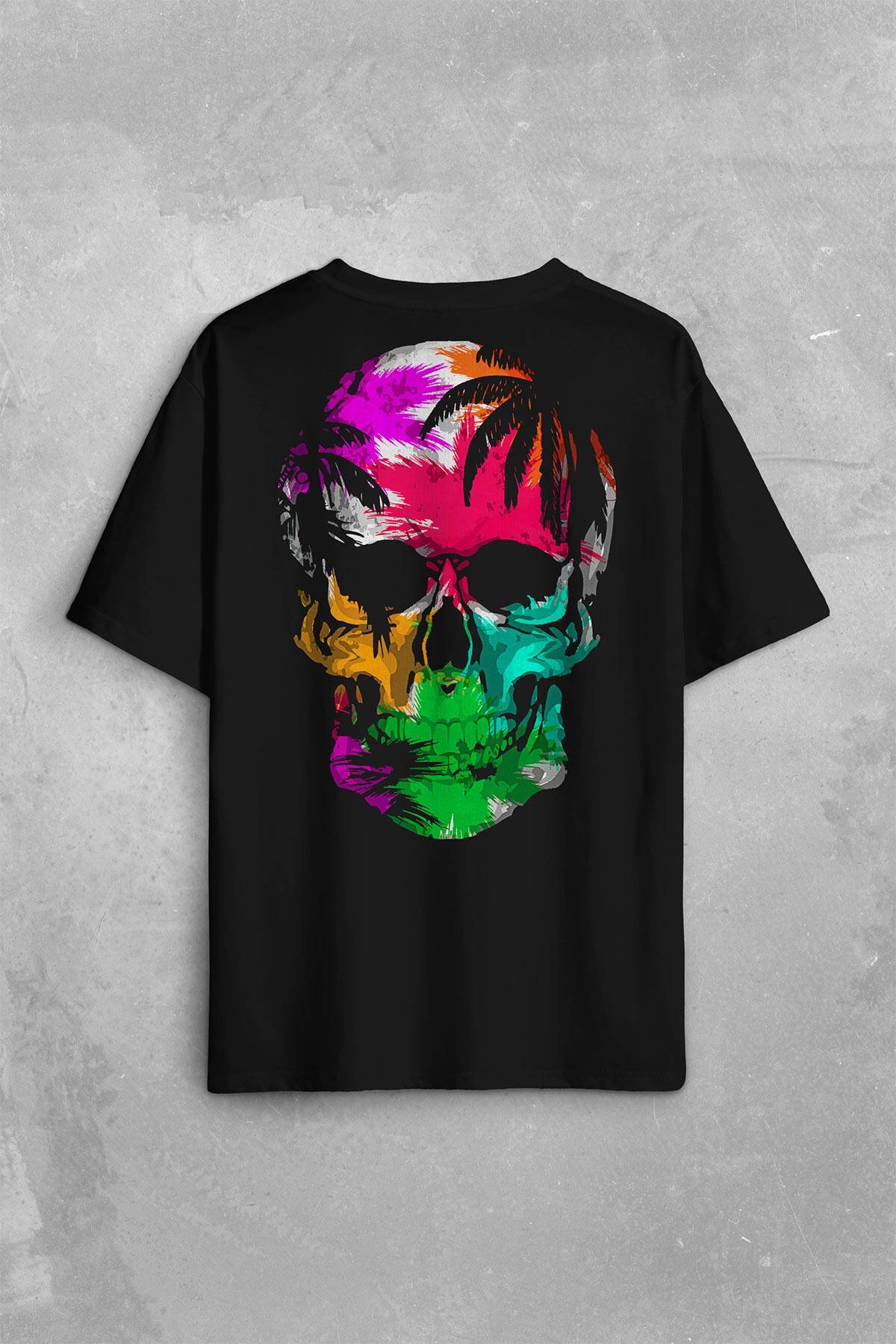 Rengarenk Kafatası Skull Head Gökkuşağı Renkleri Sırt Ön Baskılı Siyah Oversize Tişört Unisex