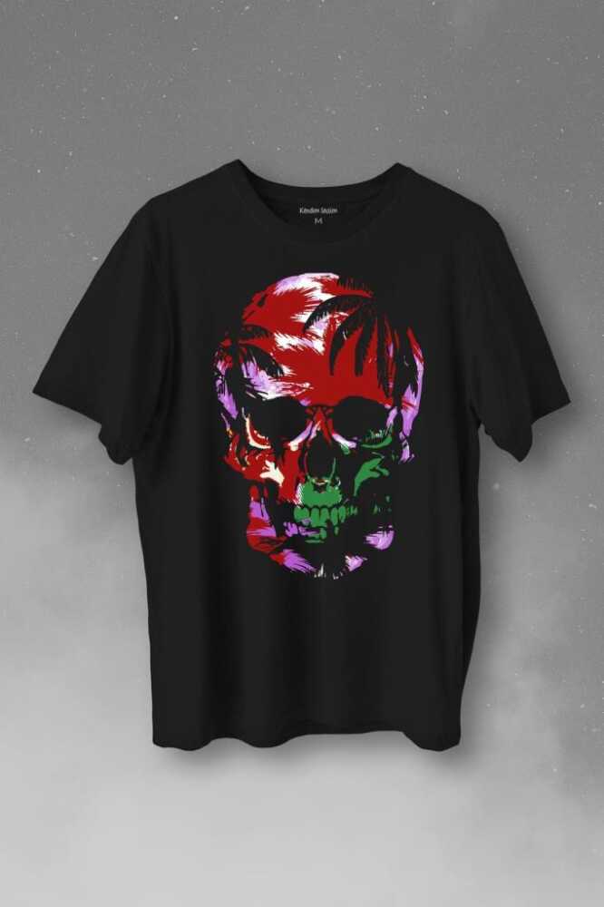 Rengarenk Kafatası Skull Head Lila Renkleri Baskılı Tişört Unisex