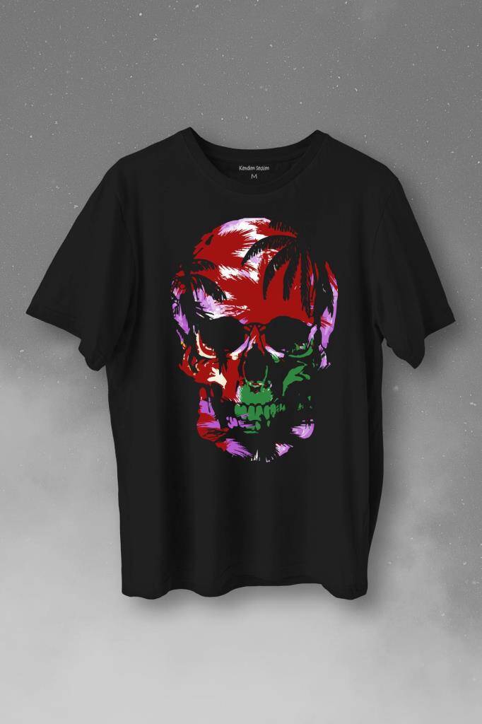 Rengarenk Kafatası Skull Head Lila Renkleri Baskılı Tişört Unisex