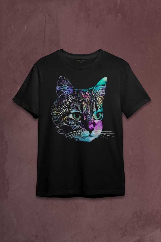 Rengarenk Kedi Gökkuşağı Renkleri Cat Baskılı Tişört Unisex