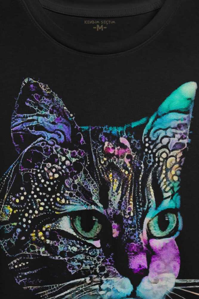 Rengarenk Kedi Gökkuşağı Renkleri Cat Baskılı Tişört Unisex (1)