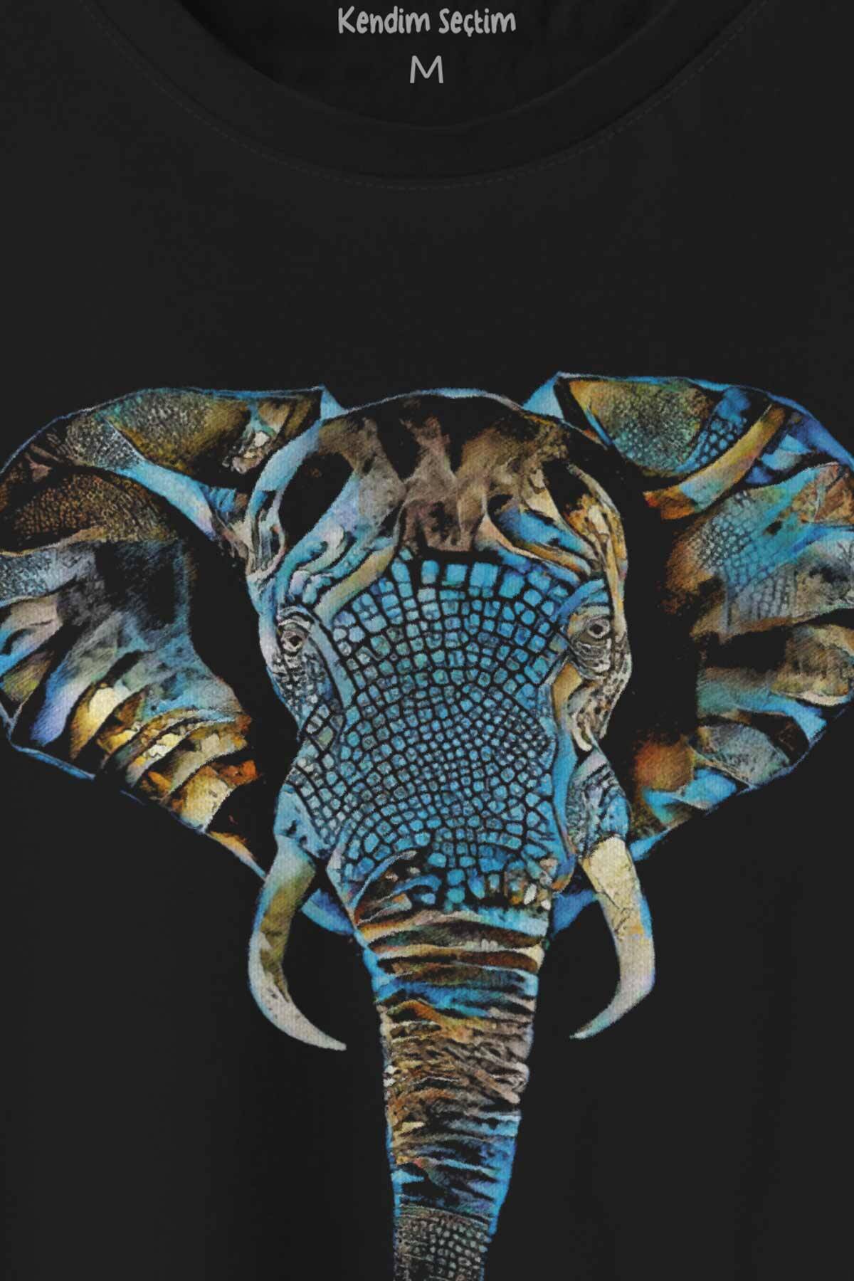 Renkli Fil Silueti Elephant Animal Belgesel Doğa Çizim Baskılı Tişört Unisex - 2