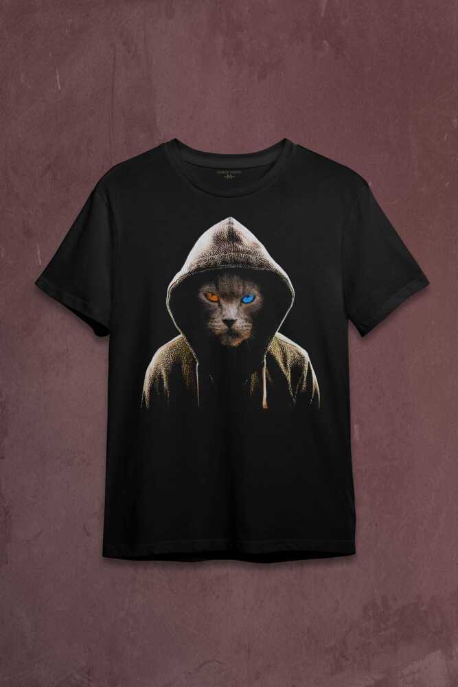 Renkli Gözlü Hacker Korsan Kedi Cat Baskılı Tişört Unisex