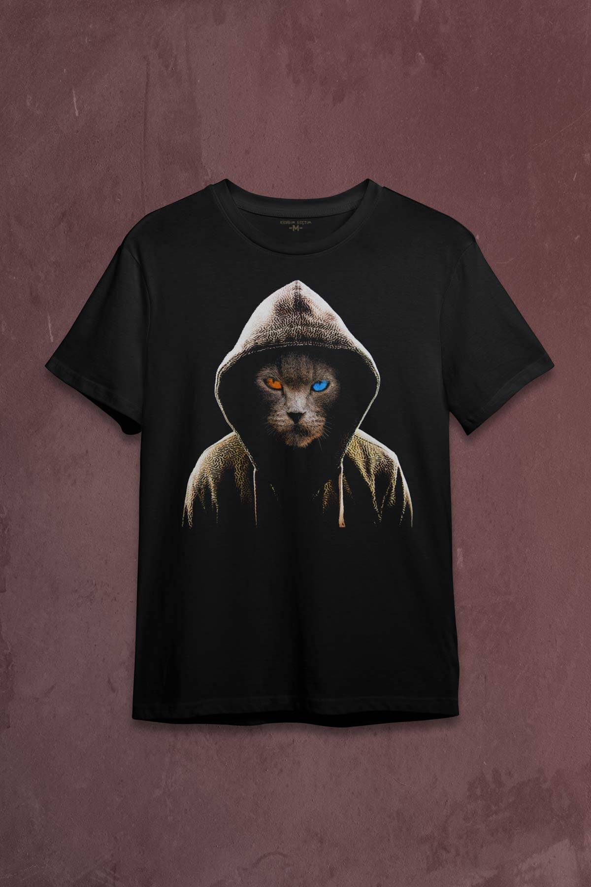 Renkli Gözlü Hacker Korsan Kedi Cat Baskılı Tişört Unisex