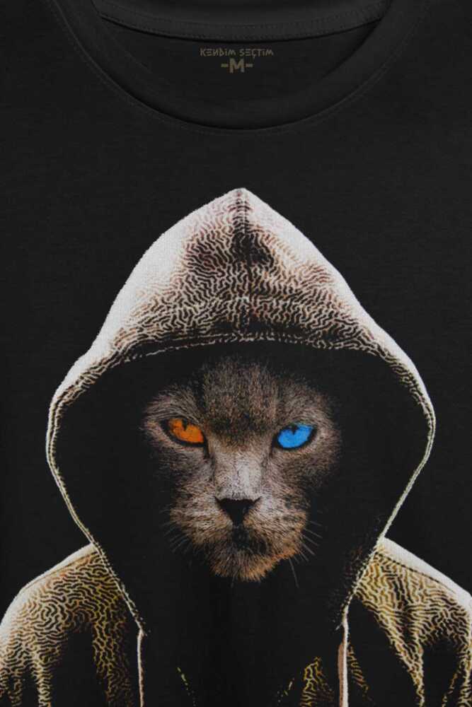 Renkli Gözlü Hacker Korsan Kedi Cat Baskılı Tişört Unisex (1)