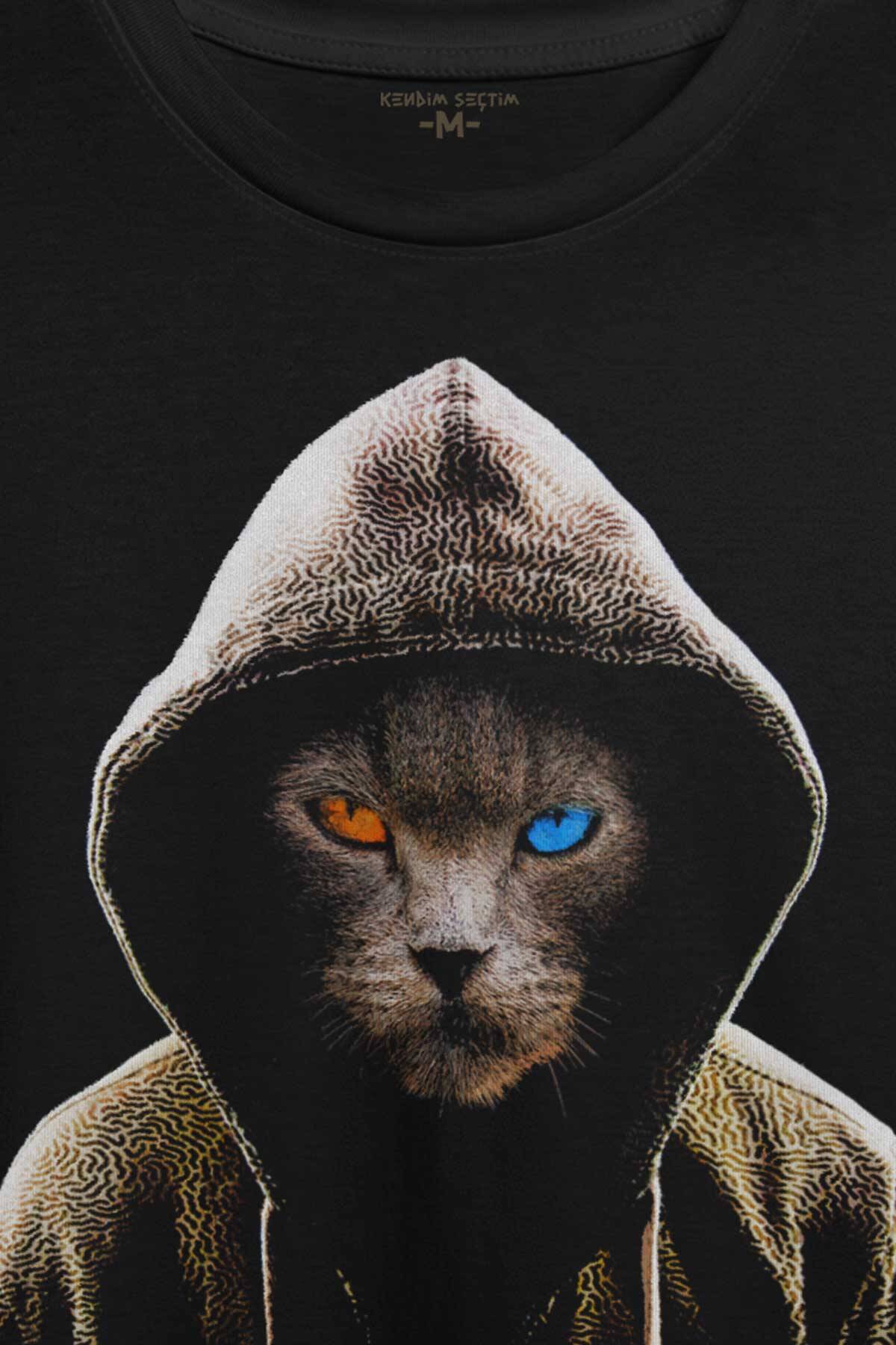 Renkli Gözlü Hacker Korsan Kedi Cat Baskılı Tişört Unisex (1)