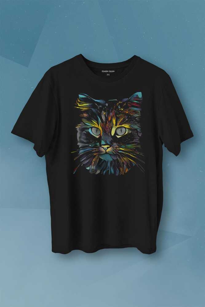 Renkli Sevimli Kedi Rengarenk Minnoş Cat Baskılı Tişört Unisex