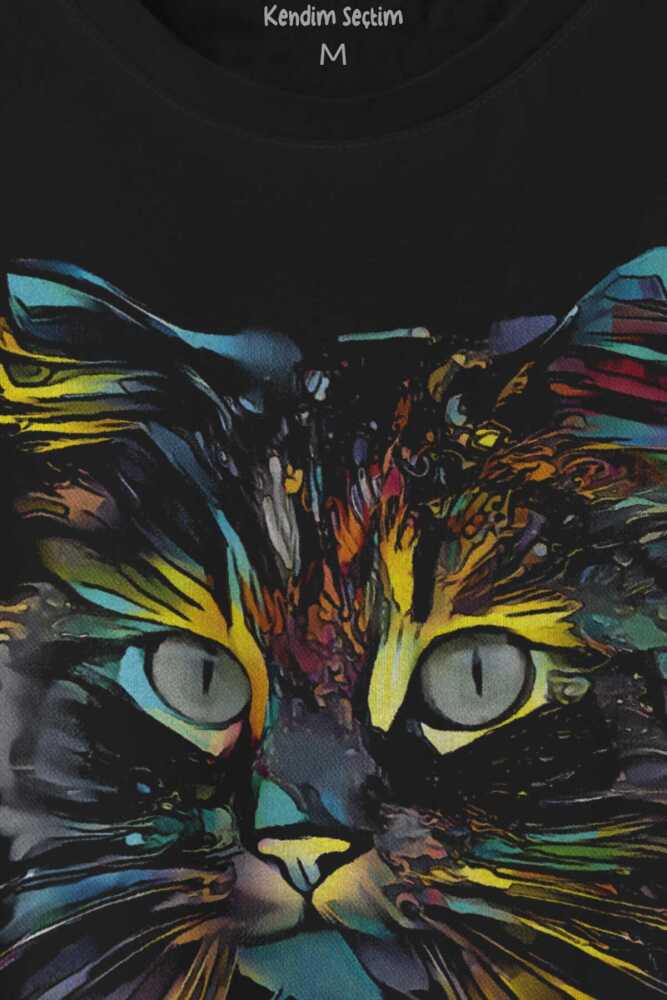 Renkli Sevimli Kedi Rengarenk Minnoş Cat Baskılı Tişört Unisex (1)