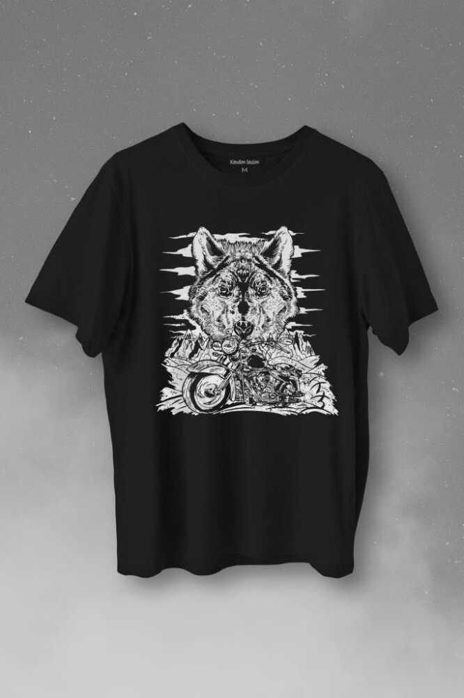Ride To Wild Wolf And Motorcycle Kurt Ve Motor Outdoor Baskılı Siyah Tişört Unisex