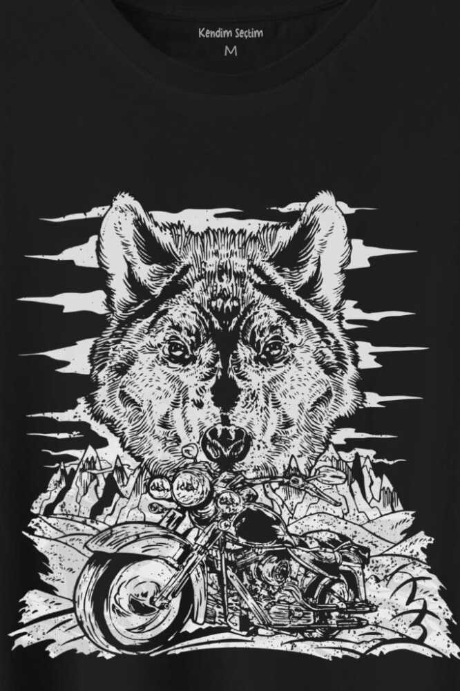 Ride To Wild Wolf And Motorcycle Kurt Ve Motor Outdoor Baskılı Siyah Tişört Unisex (1)