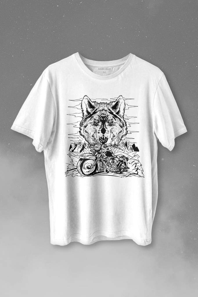 Ride To Wild Wolf And Motorcycle Kurt Ve Motor Outdoor Baskılı Beyaz Tişört Unisex
