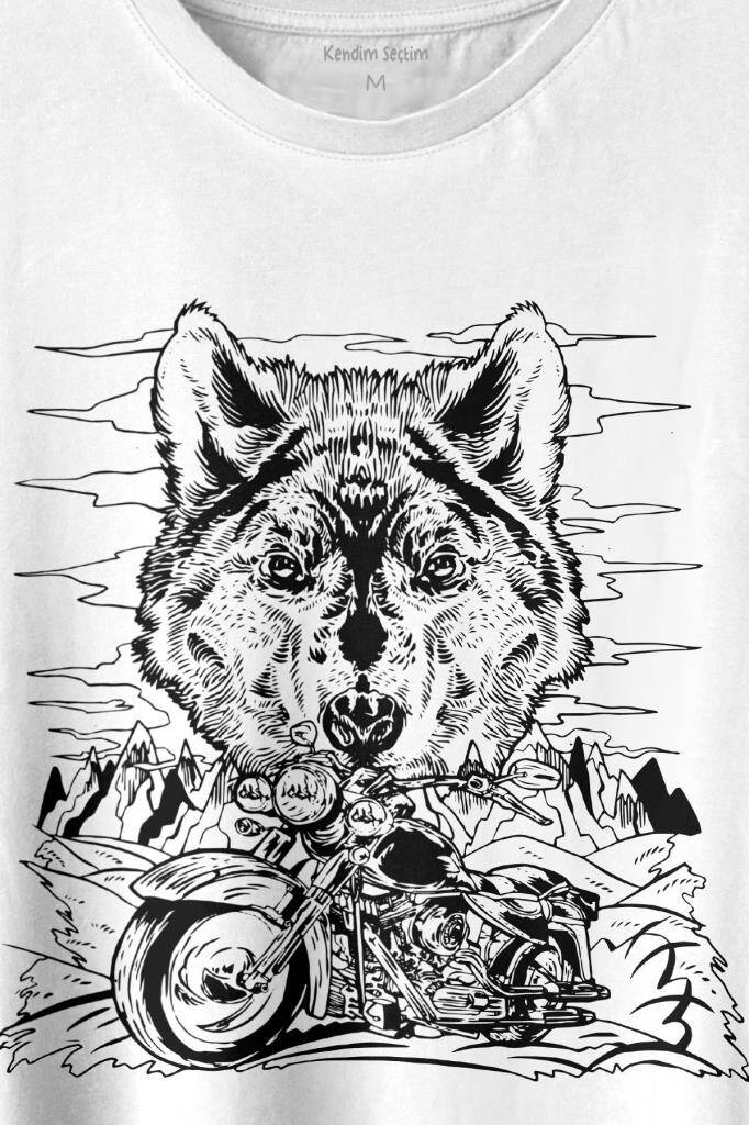 Ride To Wild Wolf And Motorcycle Kurt Ve Motor Outdoor Baskılı Beyaz Tişört Unisex (1)