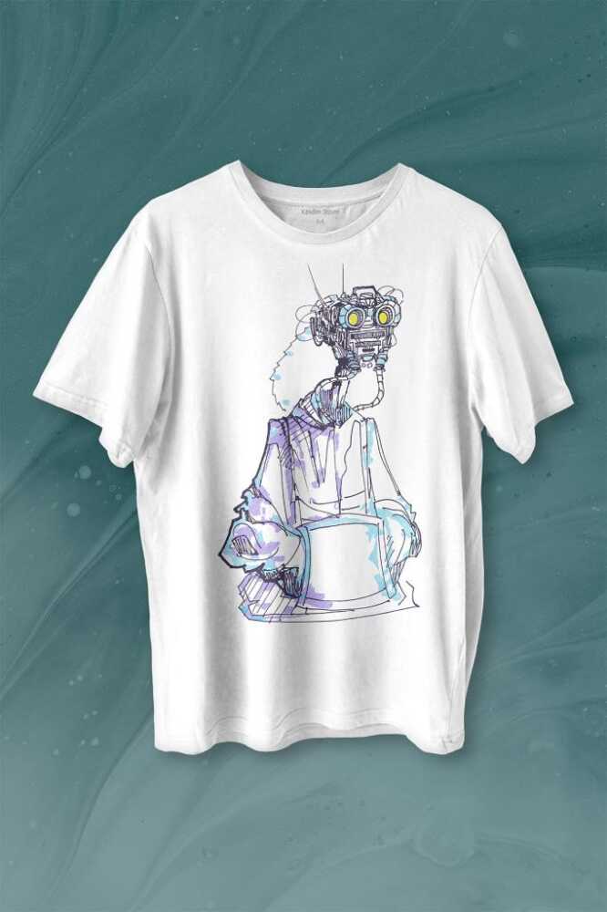 Robot Head Sci-Fi Bilim Kurgu Baskılı Tişört Unisex