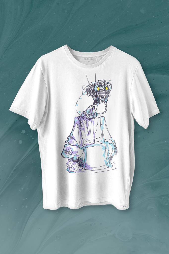Robot Head Sci-Fi Bilim Kurgu Baskılı Tişört Unisex