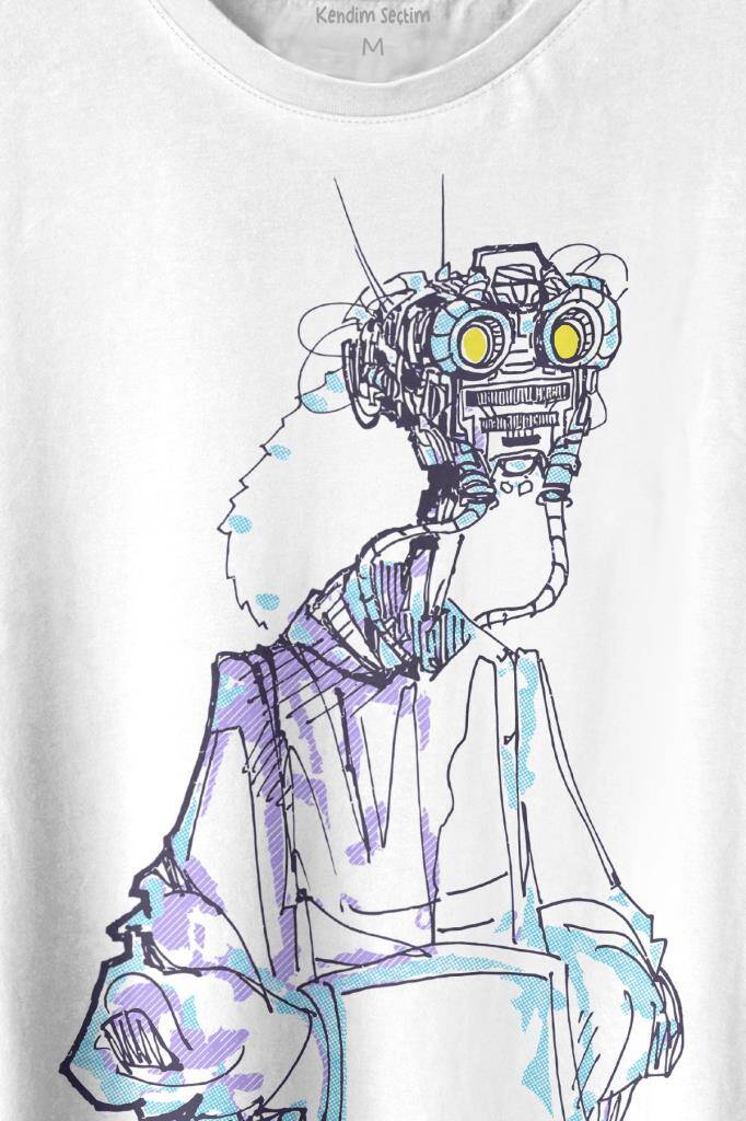 Robot Head Sci-Fi Bilim Kurgu Baskılı Tişört Unisex (1)