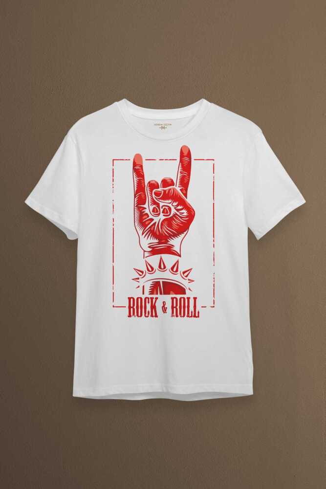 Rock'n Roll Music İşareti Baskılı Beyaz Tişört Unisex