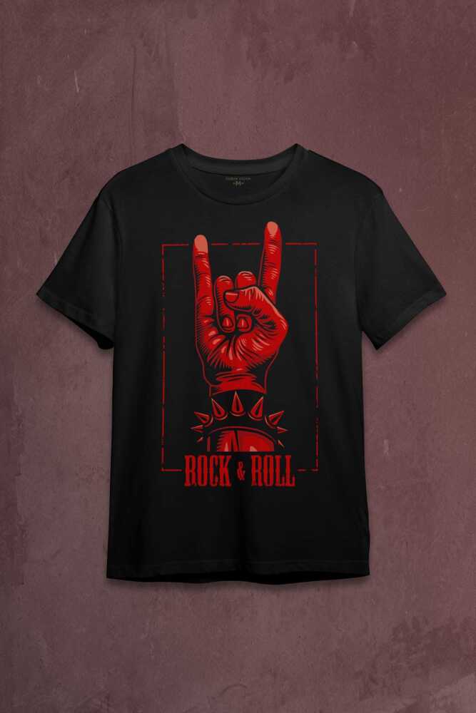 Rock'n Roll Music İşareti Baskılı Siyah Tişört Unisex