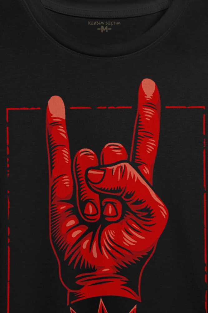 Rock'n Roll Music İşareti Baskılı Siyah Tişört Unisex (1)