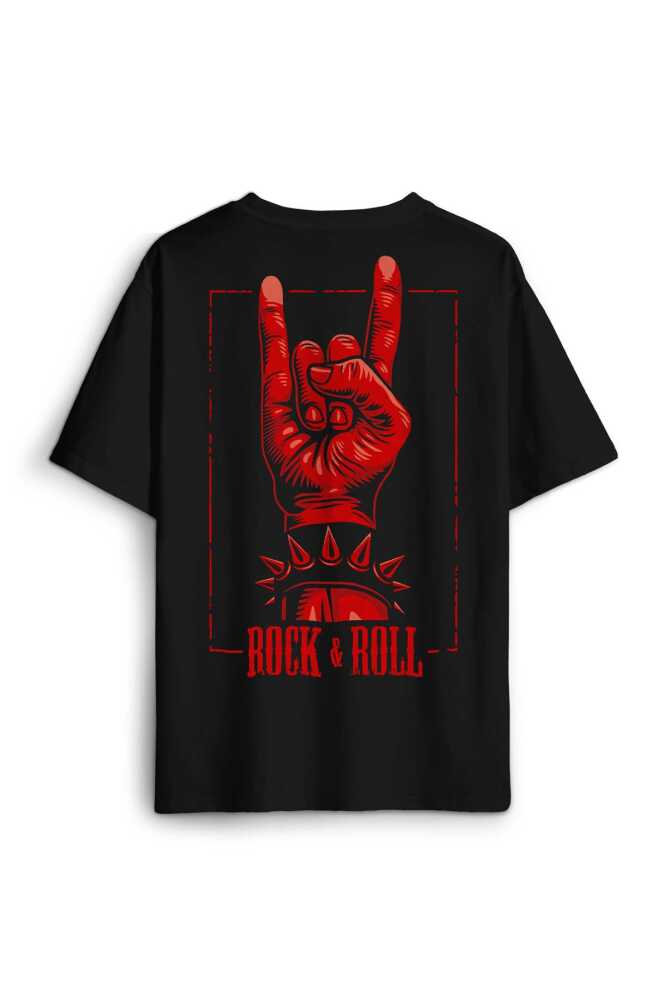Rock'n Roll Music İşareti Rock Metal Müzik Sırt Ön Baskılı Oversize Tişört Unisex
