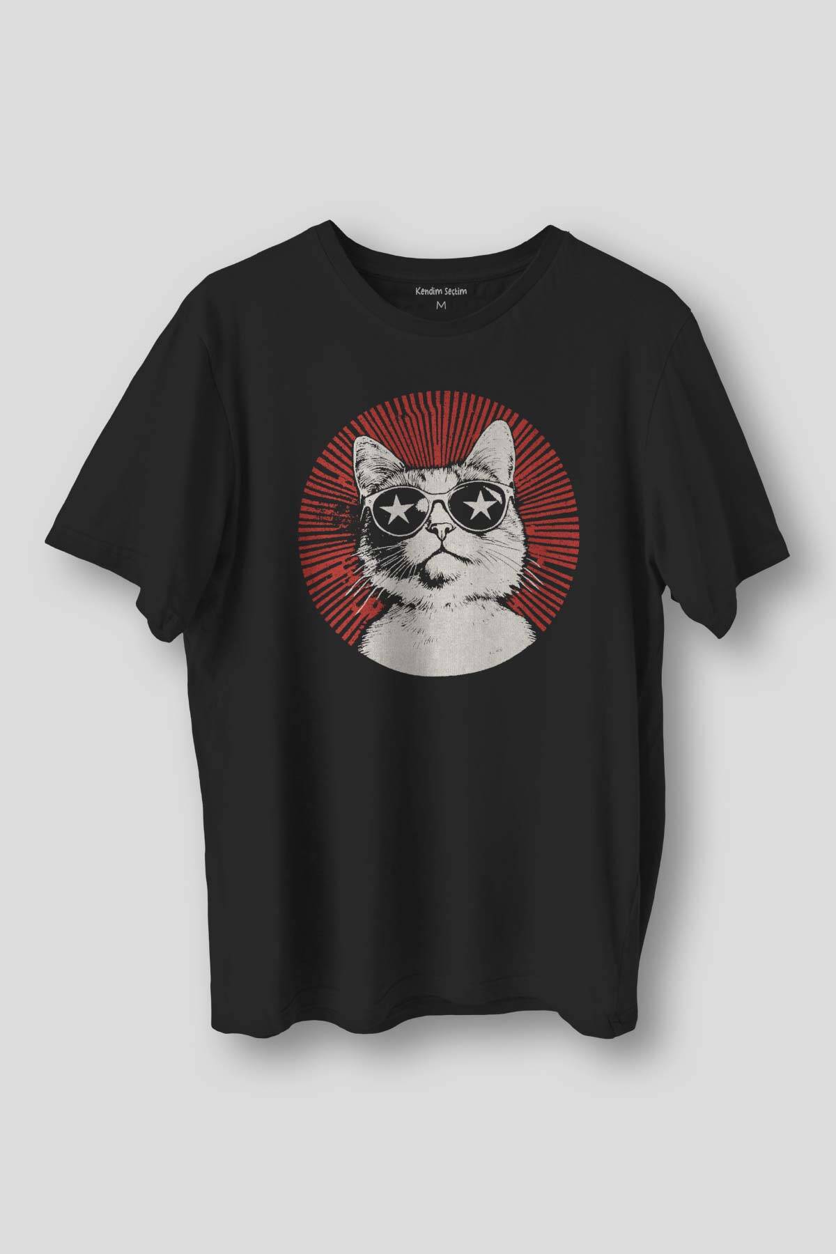 Rockstar Cat Yıldız Süper Star Kedi Baskılı Siyah Unisex Tişört
