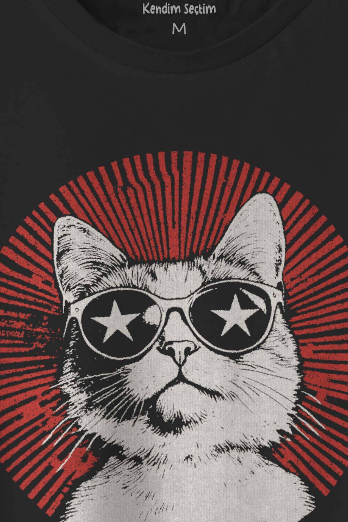 Rockstar Cat Yıldız Süper Star Kedi Baskılı Siyah Unisex Tişört (1)