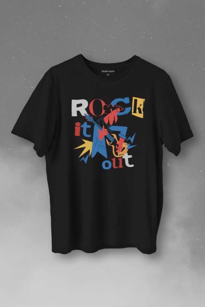 Rockstar Rock It Out Guitar Gitarist Baskılı Siyah Tişört Unisex