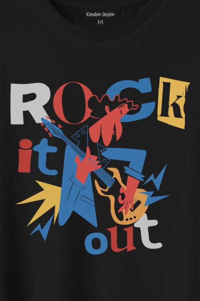 Rockstar Rock It Out Guitar Gitarist Baskılı Siyah Tişört Unisex (1)