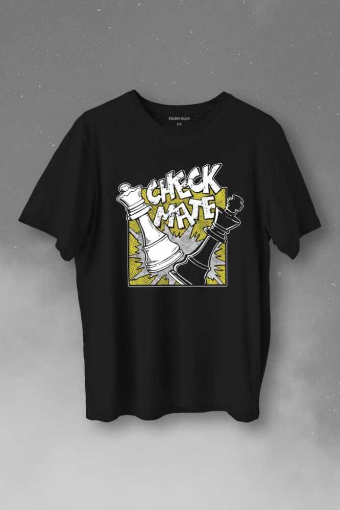 Şah Mat Satranç Check Mate Chess Kral Kraliçe Gambit Baskılı Siyah Tişört Unisex