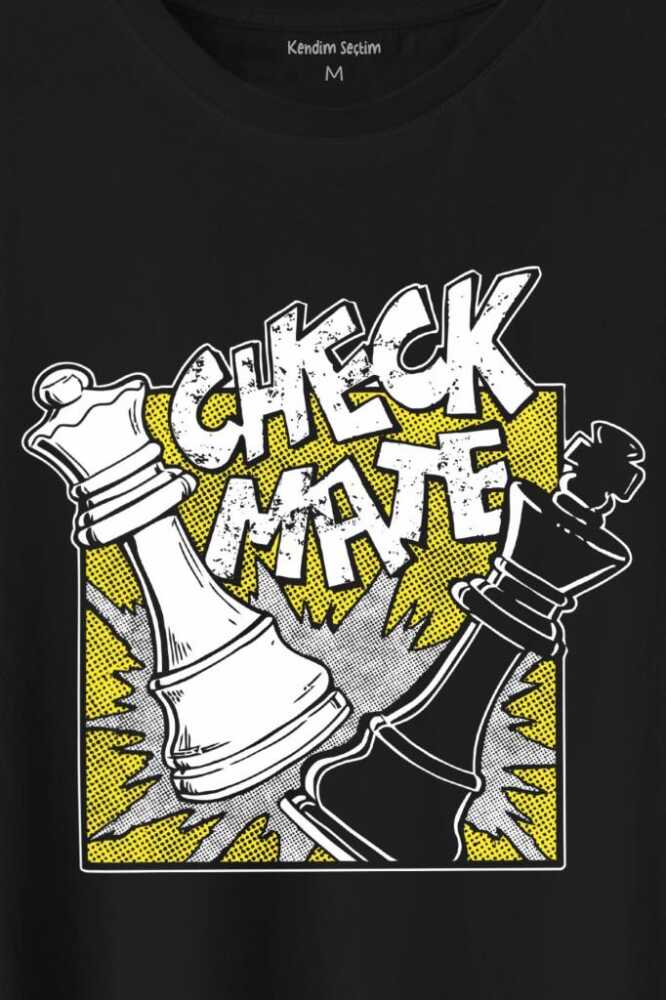 Şah Mat Satranç Check Mate Chess Kral Kraliçe Gambit Baskılı Siyah Tişört Unisex (1)