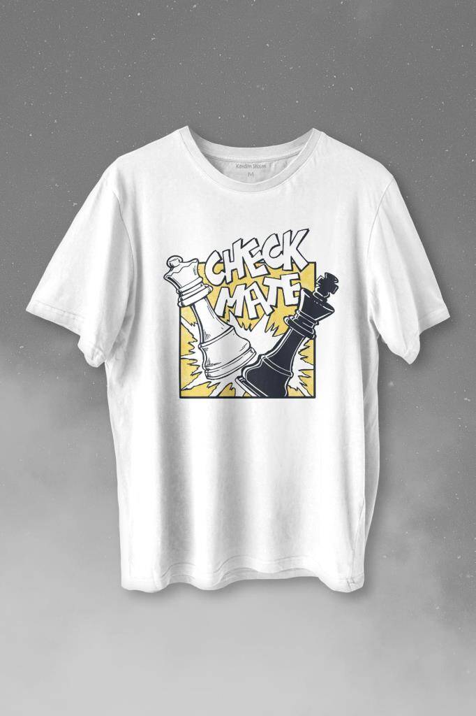 Şah Mat Satranç Check Mate Chess Kral Kraliçe Gambit Baskılı Beyaz Tişört Unisex - 1