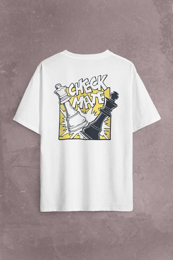 Şah Mat Satranç Check Mate Chess Kral Kraliçe Gambit Sırt Ön Baskılı Beyaz Oversize Tişört Unisex